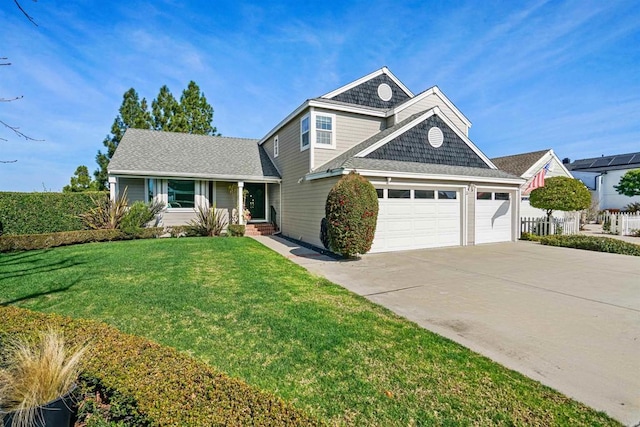 view of front of house featuring an attached garage, concrete driveway, a front lawn, and a shingled roof