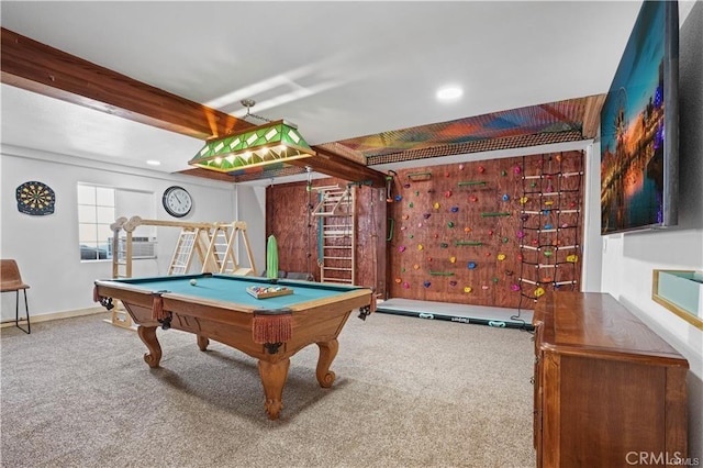 rec room featuring recessed lighting, billiards, carpet flooring, and beamed ceiling