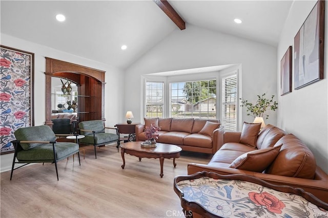 living area with light wood finished floors, high vaulted ceiling, beamed ceiling, and recessed lighting