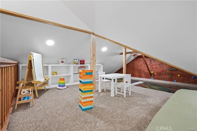 recreation room with vaulted ceiling, carpet flooring, and recessed lighting