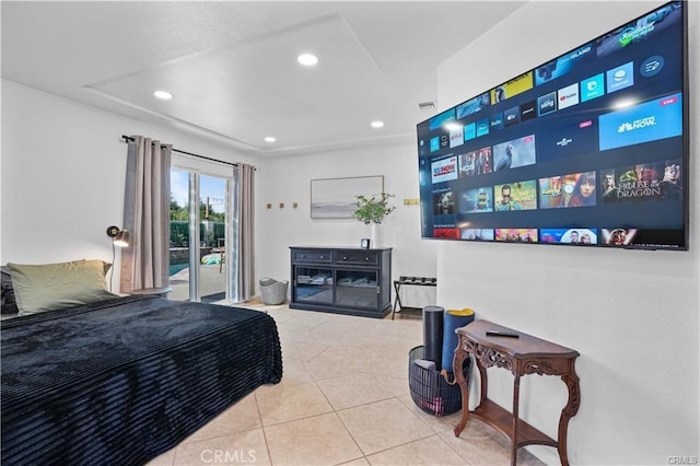 bedroom with recessed lighting, access to outside, visible vents, and tile patterned floors