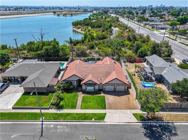 aerial view featuring a water view