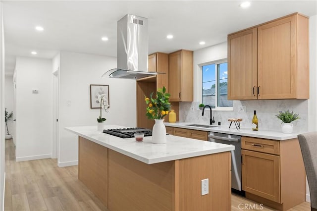 kitchen with island exhaust hood, black gas cooktop, tasteful backsplash, a sink, and dishwasher