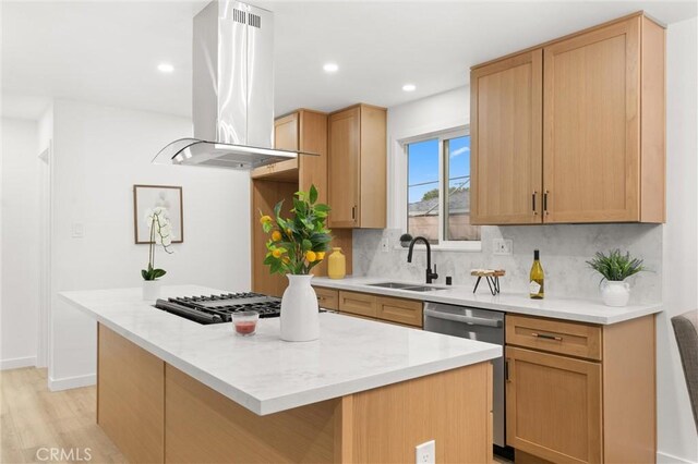 kitchen with tasteful backsplash, island range hood, dishwasher, a center island, and a sink