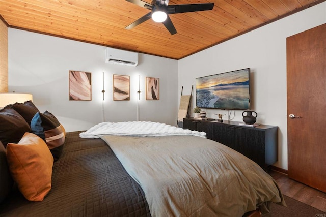 bedroom featuring ceiling fan, a wall mounted AC, wooden ceiling, and wood finished floors