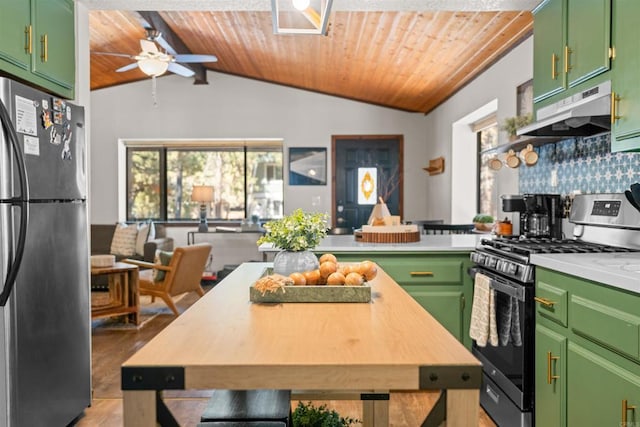 kitchen featuring wooden ceiling, under cabinet range hood, appliances with stainless steel finishes, and green cabinetry