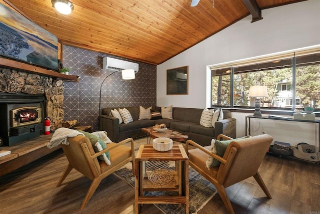 living room with lofted ceiling with beams, wooden ceiling, an accent wall, wood finished floors, and an AC wall unit