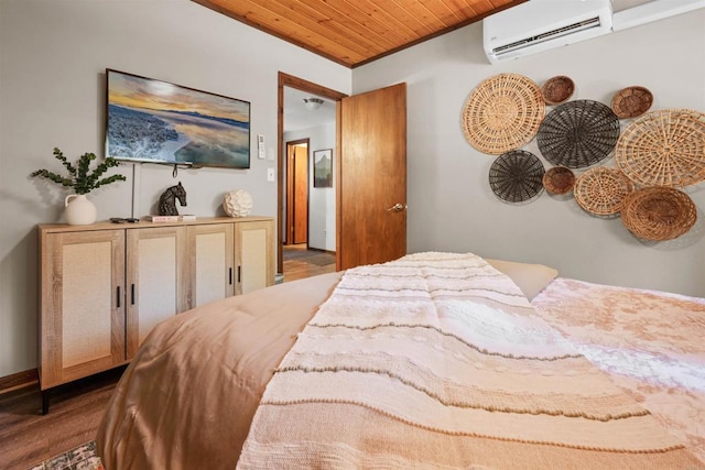 bedroom featuring wood ceiling, wood finished floors, and a wall mounted AC