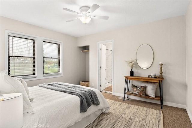 bedroom featuring carpet, ceiling fan, and baseboards