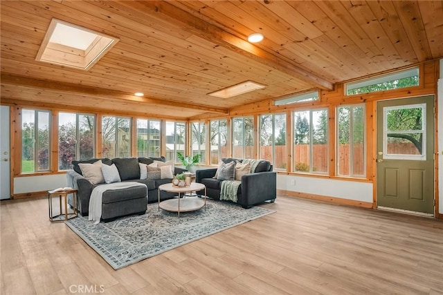 living room featuring lofted ceiling with skylight, wood ceiling, baseboards, and wood finished floors