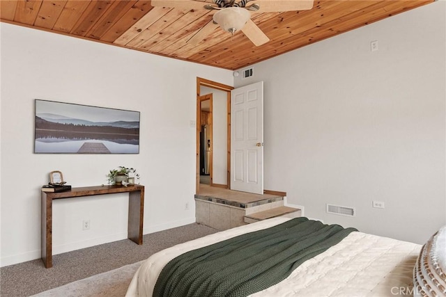 bedroom featuring carpet floors, wooden ceiling, visible vents, and baseboards