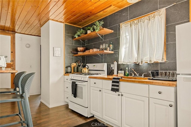 kitchen with dark wood-style floors, wooden ceiling, wooden counters, backsplash, and white appliances