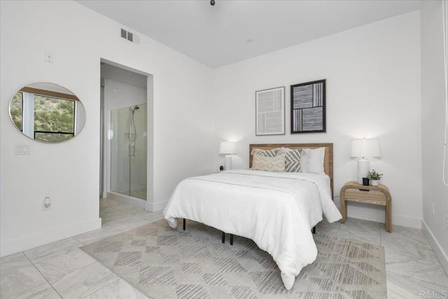 bedroom featuring marble finish floor, visible vents, connected bathroom, and baseboards