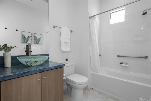 bathroom with shower / bath combo, vanity, toilet, and marble finish floor