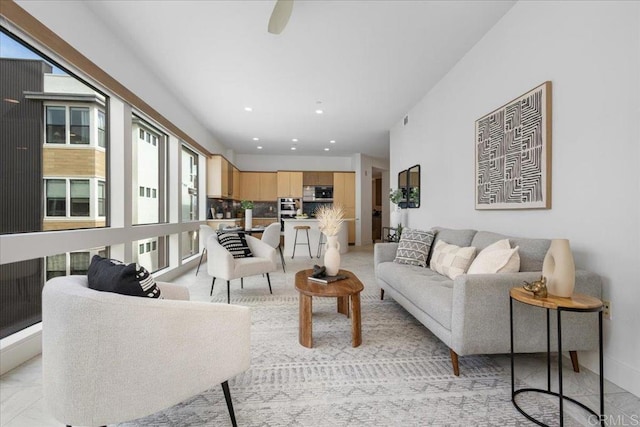 living room with recessed lighting