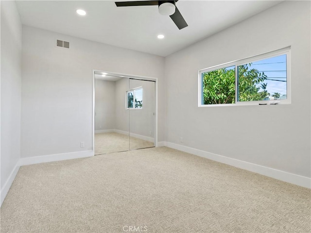 unfurnished bedroom with recessed lighting, visible vents, and baseboards