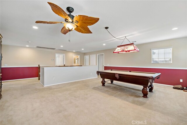 playroom featuring baseboards, light colored carpet, ceiling fan, pool table, and recessed lighting