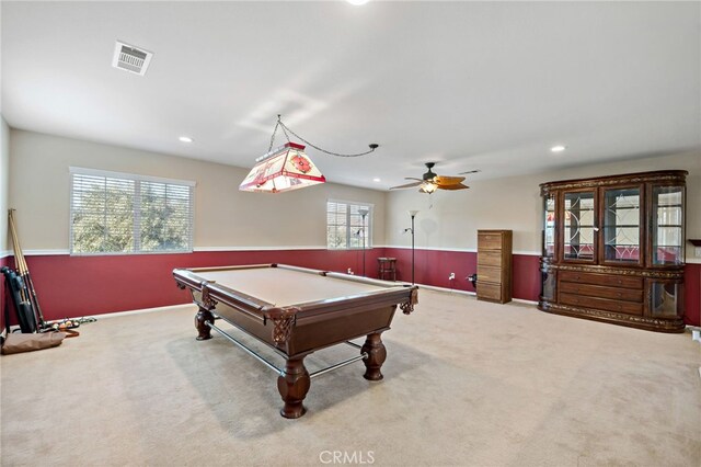 game room with carpet floors, recessed lighting, visible vents, pool table, and wainscoting