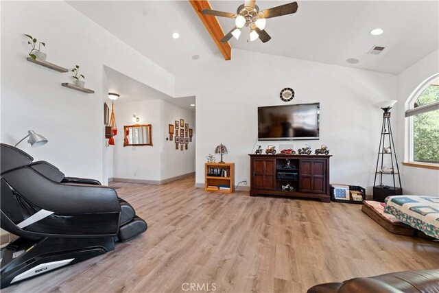 living area with recessed lighting, visible vents, lofted ceiling with beams, light wood-type flooring, and baseboards