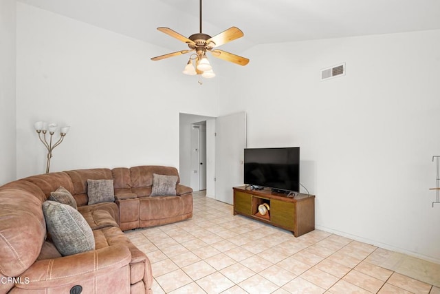 living area with high vaulted ceiling, visible vents, a ceiling fan, and light tile patterned flooring