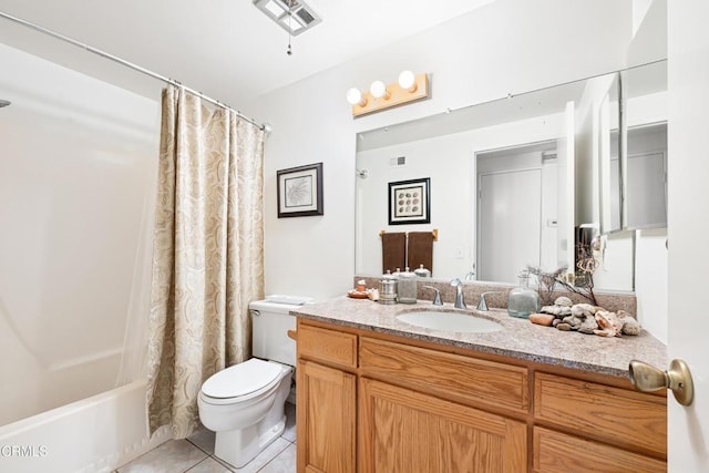 full bath with shower / tub combo, visible vents, toilet, tile patterned floors, and vanity