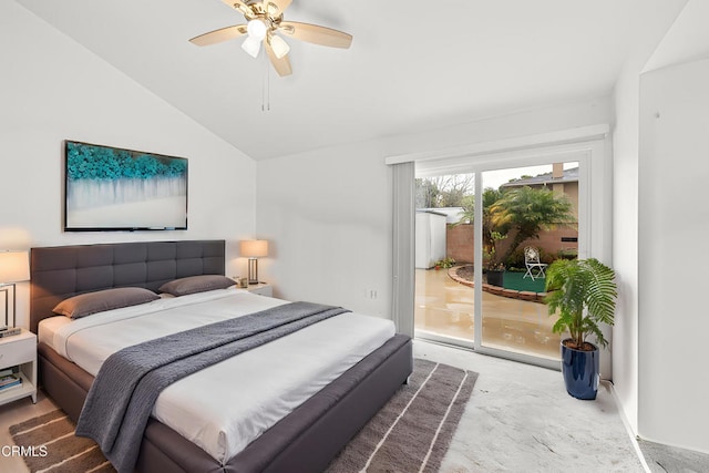 bedroom featuring vaulted ceiling, access to outside, carpet floors, and ceiling fan