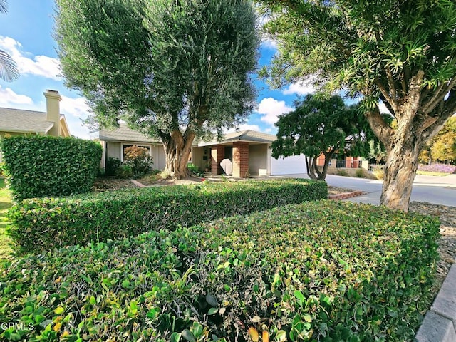 ranch-style home with a garage, concrete driveway, and brick siding