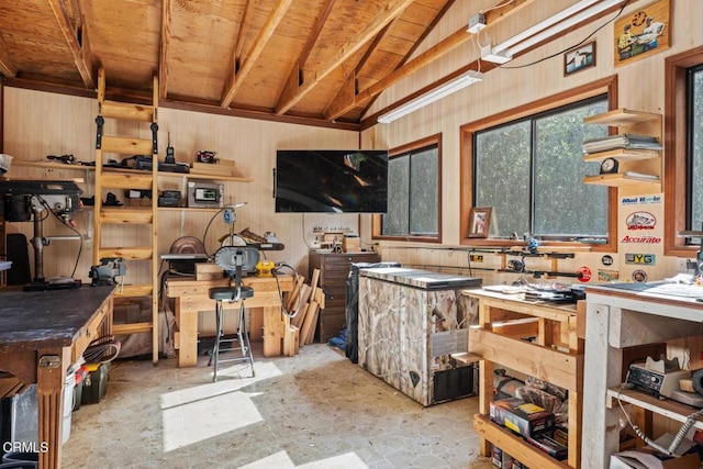 interior space with lofted ceiling, a workshop area, and wooden walls