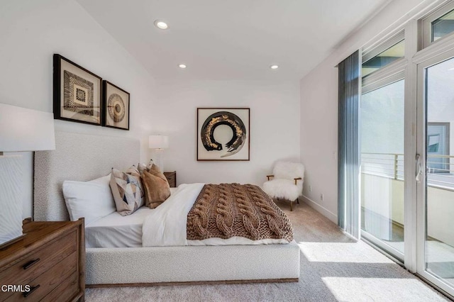 carpeted bedroom featuring baseboards, recessed lighting, and access to exterior