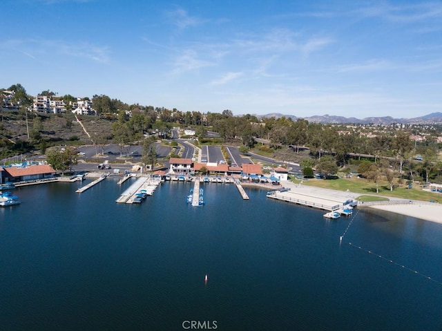 bird's eye view featuring a water and mountain view