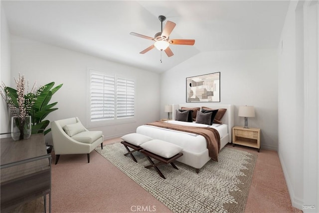 bedroom with ceiling fan, baseboards, vaulted ceiling, and light colored carpet