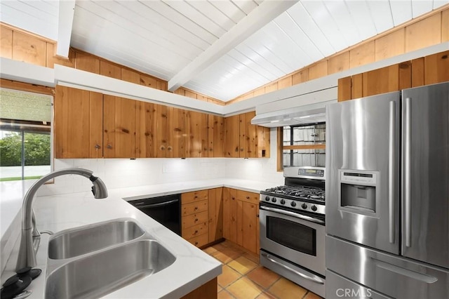 kitchen featuring lofted ceiling with beams, appliances with stainless steel finishes, light tile patterned flooring, a sink, and ventilation hood