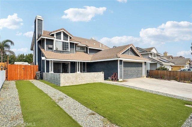 view of front of property featuring driveway, a garage, a chimney, a tiled roof, and fence