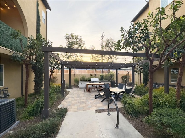 view of home's community with area for grilling, outdoor dining space, a pergola, a patio, and fence