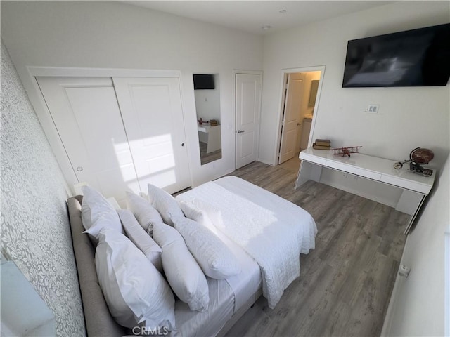 bedroom featuring light wood-style floors, a closet, and ensuite bathroom