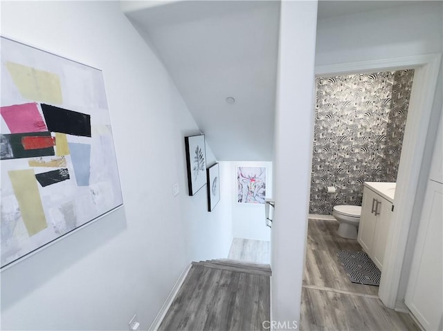 bathroom featuring vanity, toilet, wood finished floors, and baseboards