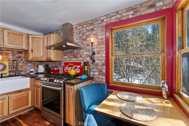 kitchen featuring a sink, a healthy amount of sunlight, ventilation hood, stainless steel gas stove, and dark countertops