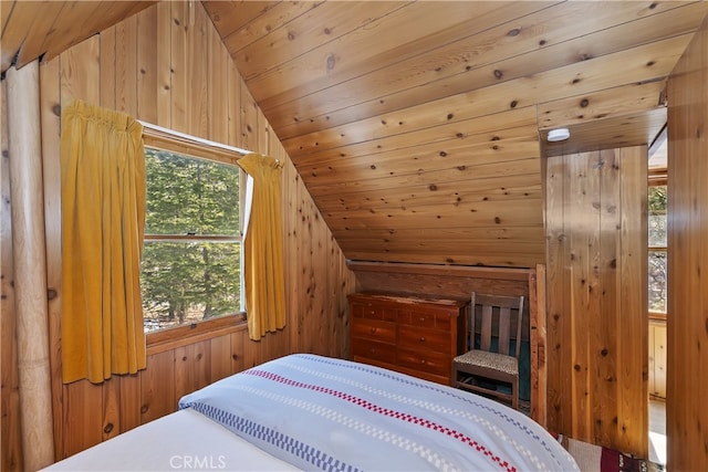 bedroom featuring lofted ceiling, wooden ceiling, and wooden walls