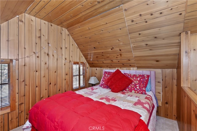 bedroom featuring lofted ceiling, wooden ceiling, carpet flooring, and wood walls