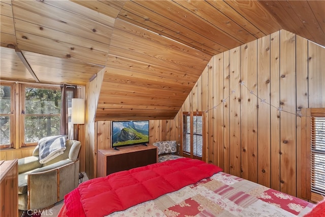 unfurnished bedroom with wood ceiling, wooden walls, and vaulted ceiling