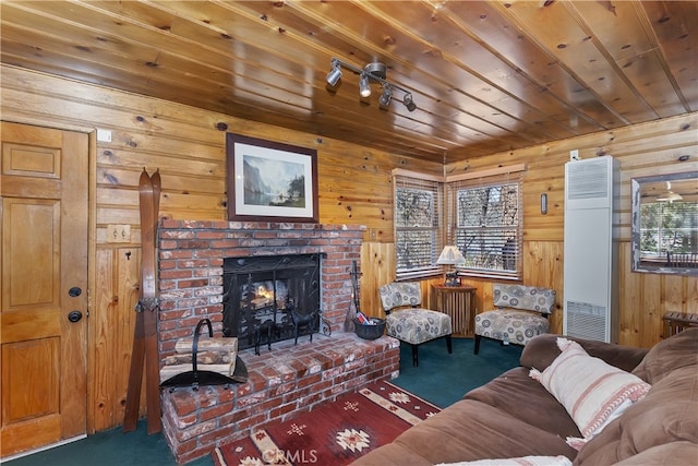 carpeted living area with wooden ceiling, wooden walls, a fireplace, and rail lighting