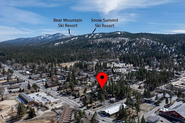 aerial view with a mountain view and a wooded view