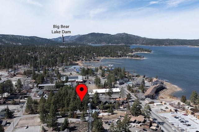 birds eye view of property featuring a water and mountain view