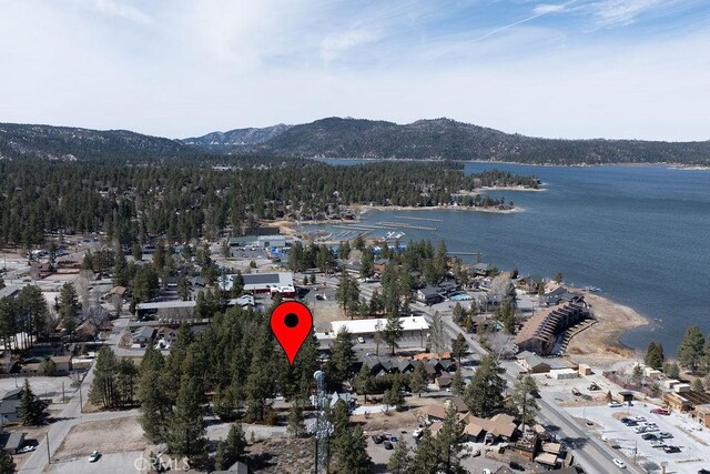 bird's eye view featuring a water and mountain view