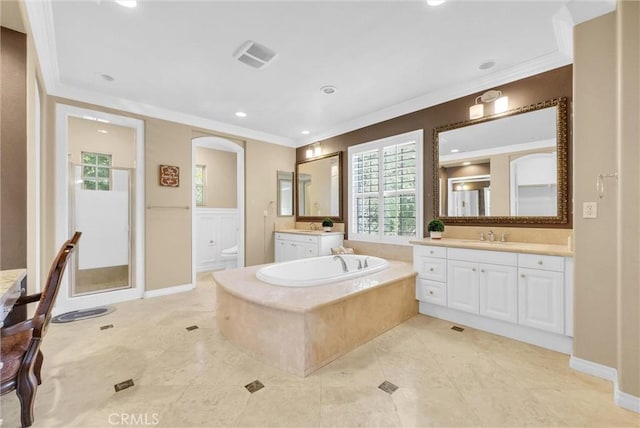 bathroom featuring visible vents, ornamental molding, a shower stall, and a bath