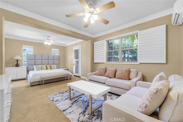 carpeted bedroom featuring a ceiling fan, baseboards, a wall mounted AC, crown molding, and access to outside