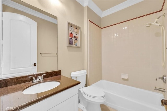 full bathroom with vanity, toilet, bathtub / shower combination, and ornamental molding