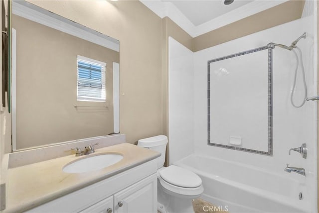 full bathroom with crown molding, toilet, vanity, and bathtub / shower combination