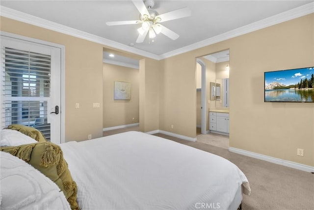 bedroom with light carpet, ceiling fan, baseboards, and ornamental molding