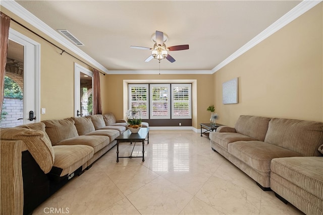 37 Shepard, Irvine, CA 92620 - living area featuring ceiling fan, baseboards, visible vents, and ornamental molding